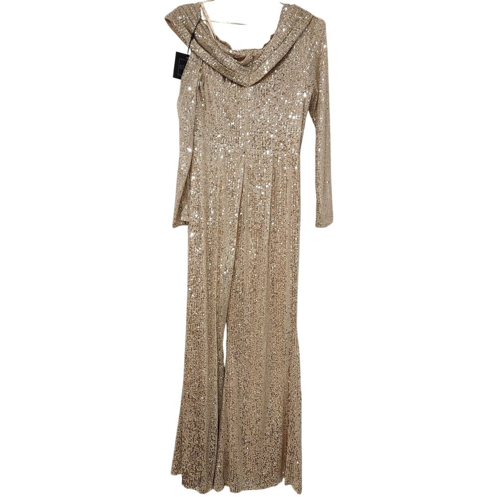 Mac Duggal Sequined Drop shoulder long sleeve gold jumpsuit size 10 - Picture 4 of 8